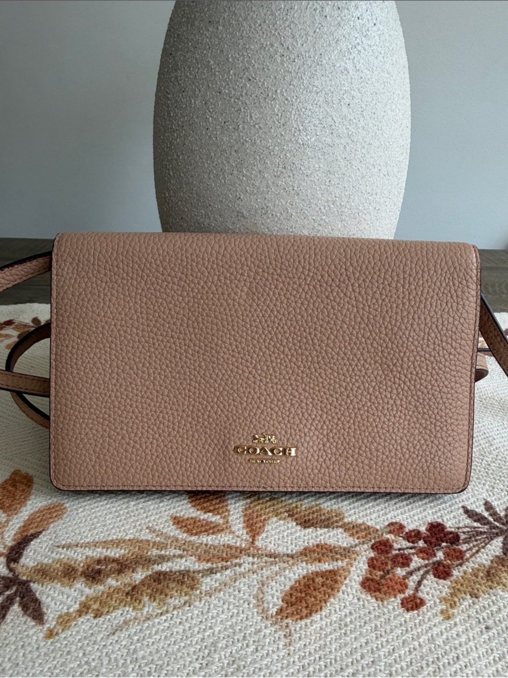 Coach Pebbled Leather Crossbody in Blush Taupe with Gold Logo